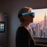 Woman wearing smart glasses near curved TV with sunset cityscape and refrigerator showing meal plan