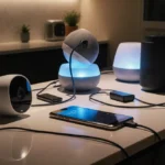 Pixel phone sits on Nest camera with tangled wires and blue‑lit smart speaker pods in background