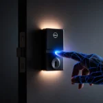 Hand unlocking sleek smart lock with glowing blue veins and soft warm light from wireless charging