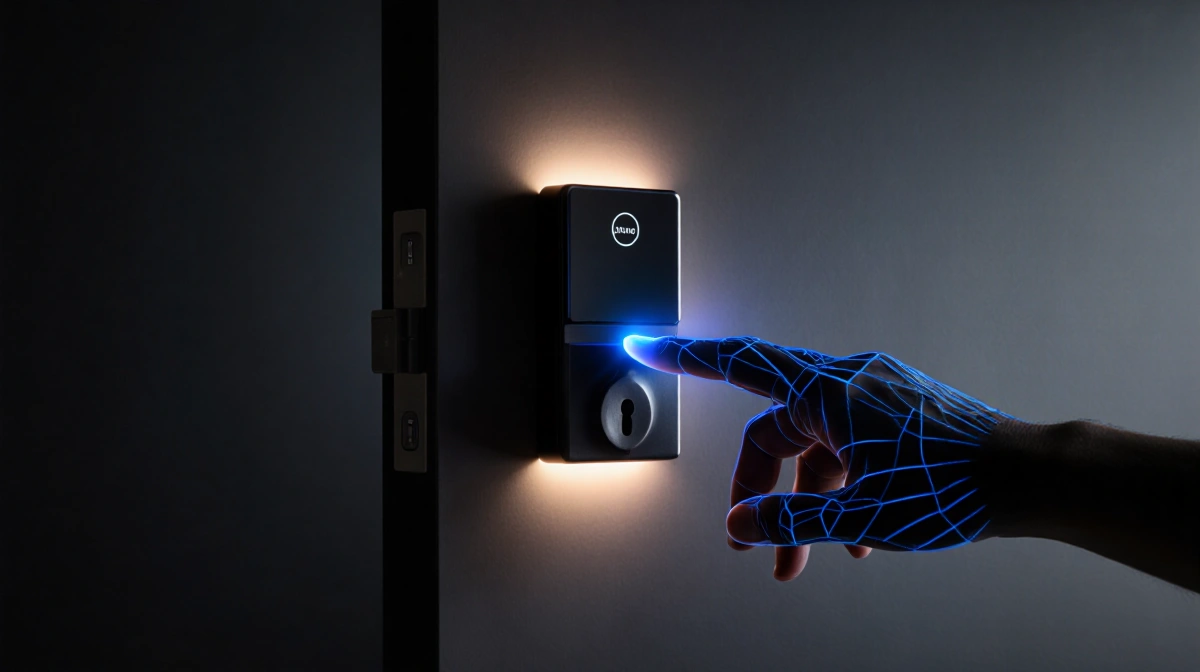 Hand unlocking sleek smart lock with glowing blue veins and soft warm light from wireless charging
