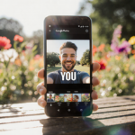 Smartphone screen shows a meme selfie with sunlit park bench and blooming summer flowers.