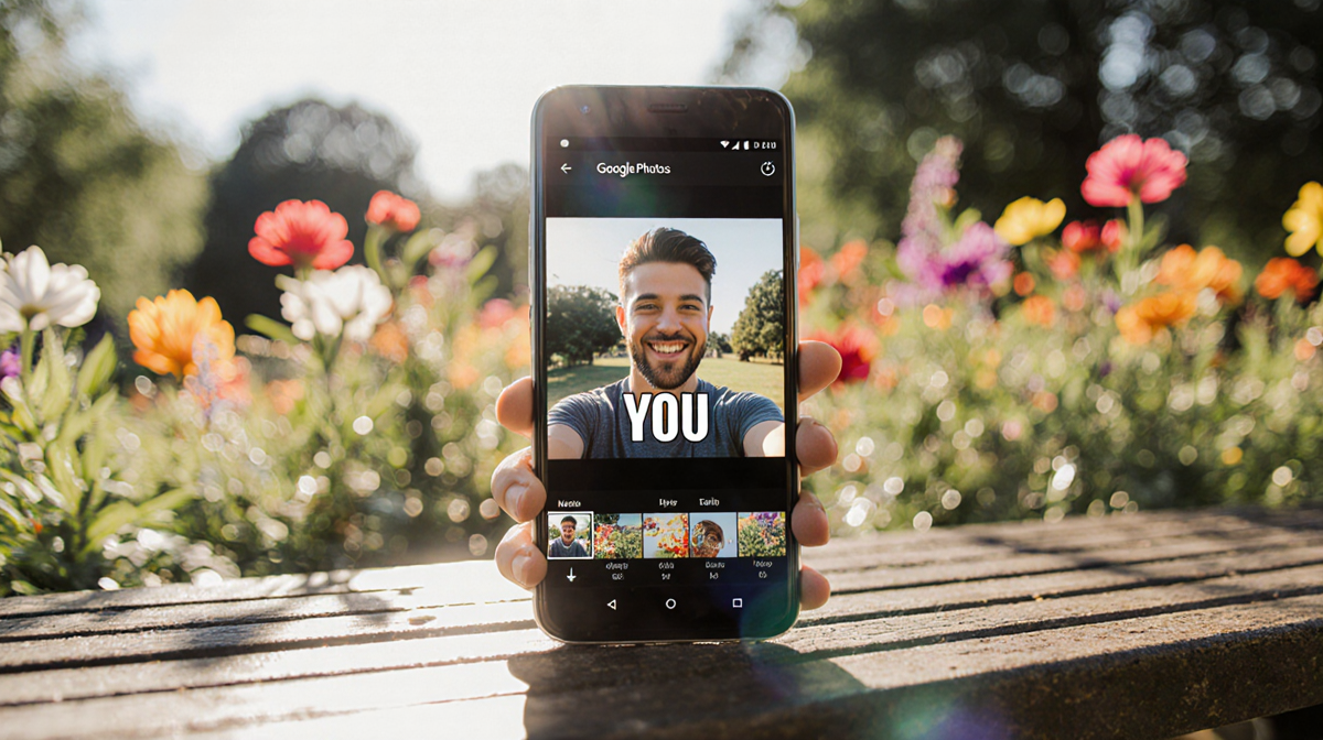 Smartphone screen shows a meme selfie with sunlit park bench and blooming summer flowers.