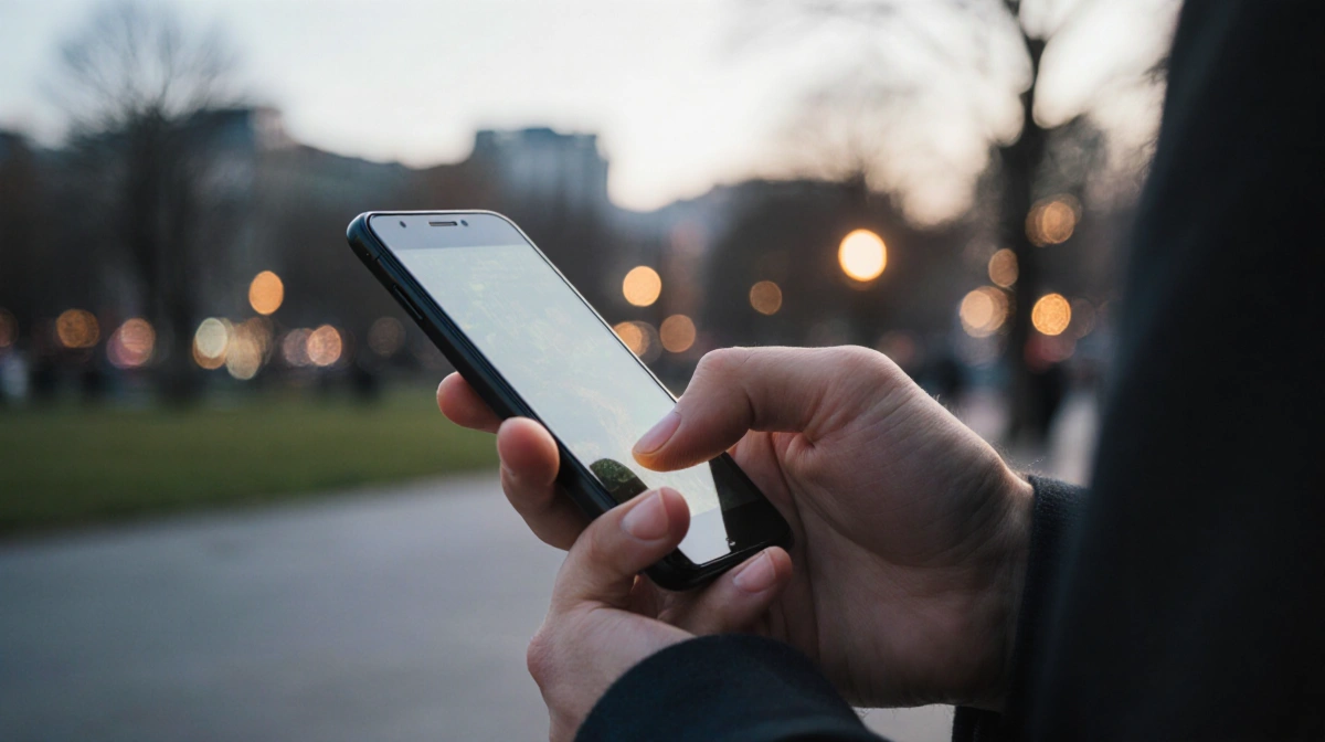 Hand scrolls smartphone with thumb while city lights glow softly in background