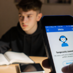 Smartphone screen shows Temporarily Unavailable message with a blurred teenager at desk looking concerned about AI.