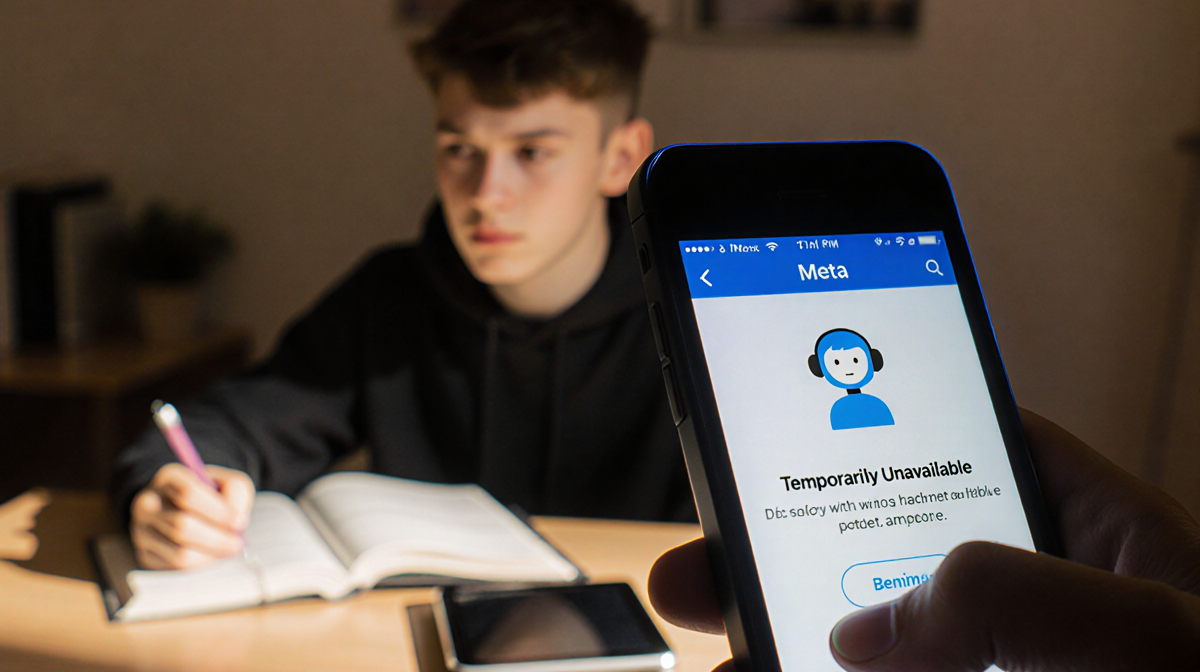 Smartphone screen shows Temporarily Unavailable message with a blurred teenager at desk looking concerned about AI.