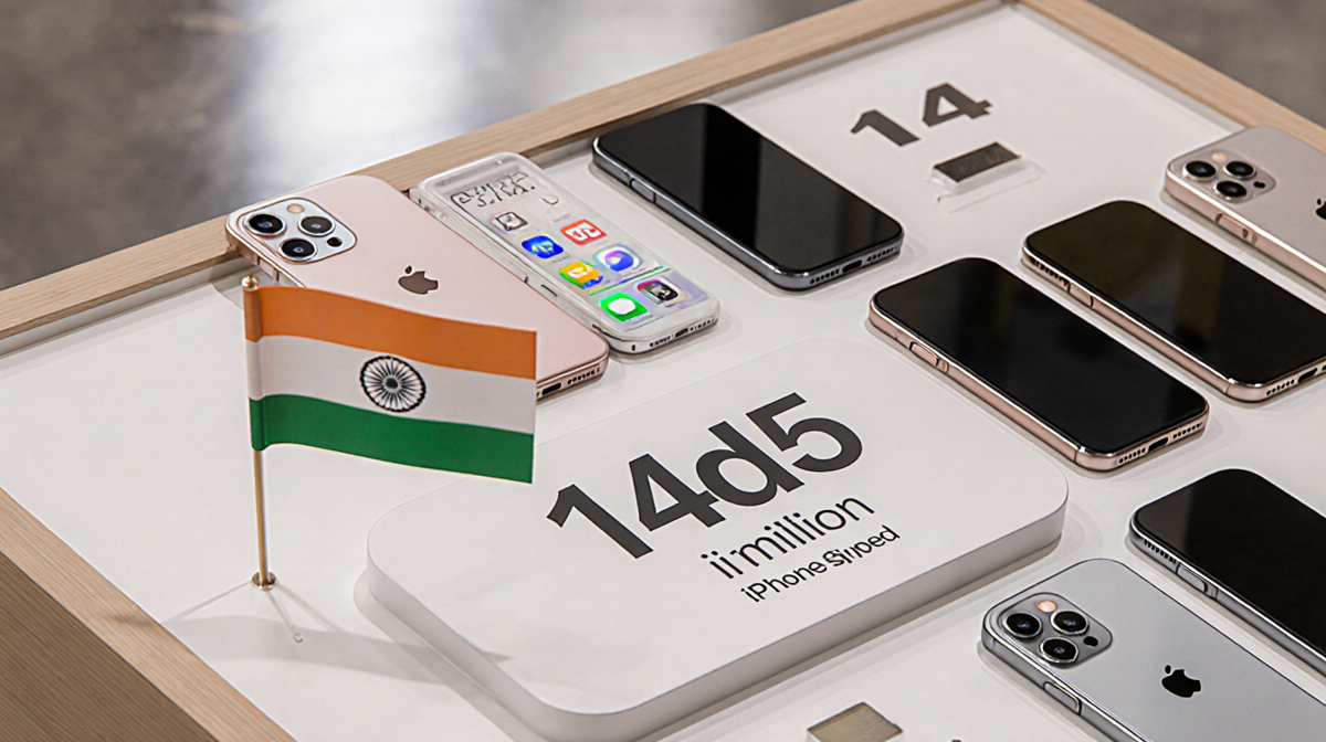Smartphone store shelf displaying iPhone models with an Apple case highlighting 14 million shipments and Indian flag accents
