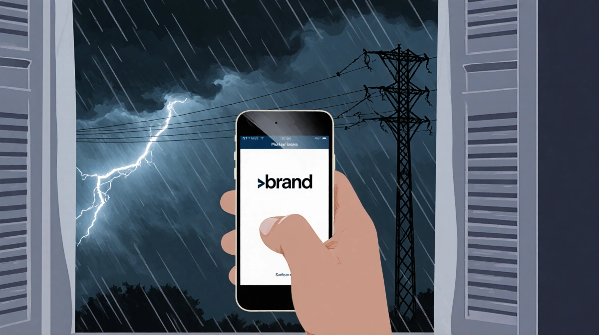 Person holding smartphone with app open looking out window at stormy night sky with rain and power line lightning.