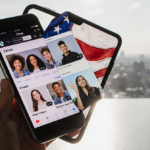 Smartphone scrolling TikTok feed with diverse creators and subtle American flag pattern in background