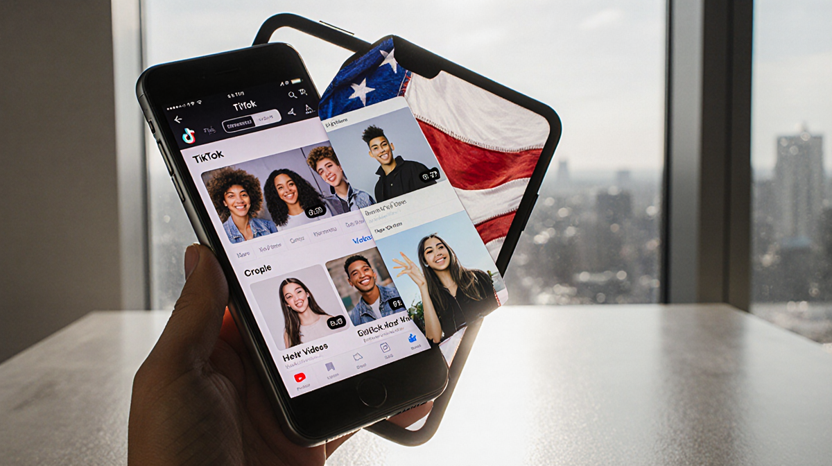 Smartphone scrolling TikTok feed with diverse creators and subtle American flag pattern in background