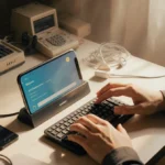 Smartphone user typing on one phone with slide-out keyboard between two phones on a cluttered desk