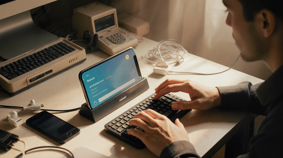 Smartphone user typing on one phone with slide-out keyboard between two phones on a cluttered desk