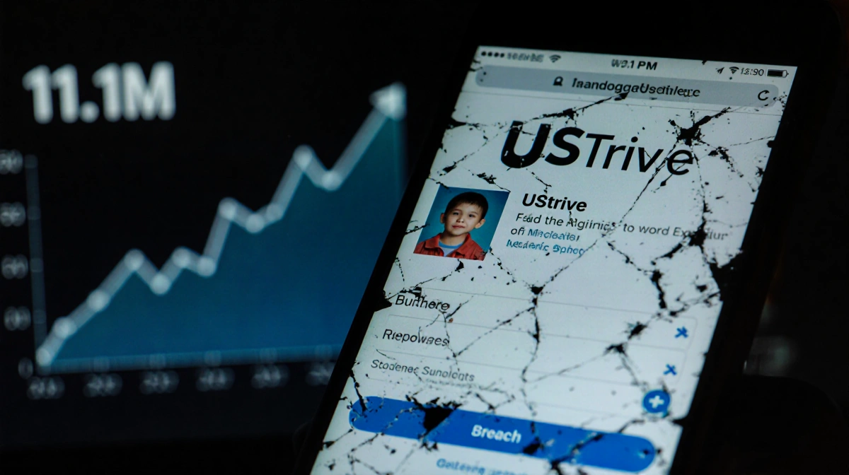 Smartphone screen shows glitchy login page with child profile and shattered pixels leak users hinting at a data breach.