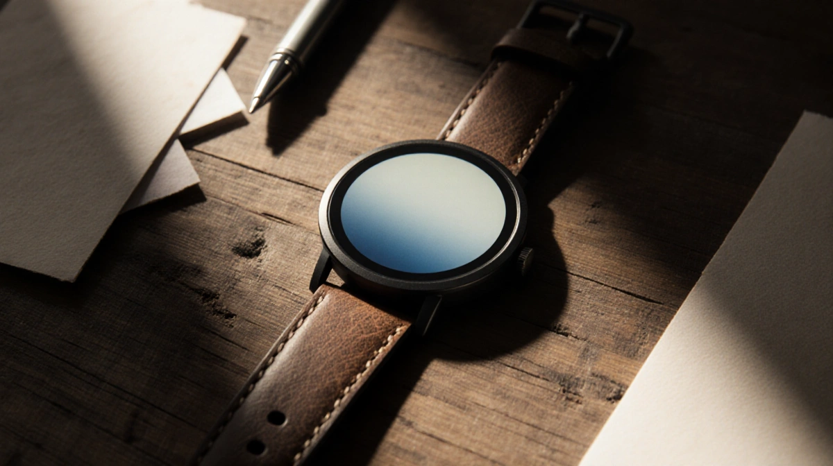 Smartwatch resting on worn wooden desk with natural light illuminating its face and papers and pen nearby