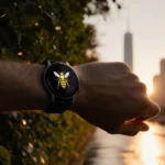 Smartwatch glows on wrist with city skyline and sunset reflecting off wet pavement