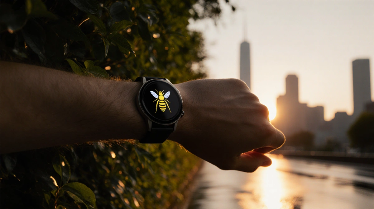 Smartwatch glows on wrist with city skyline and sunset reflecting off wet pavement