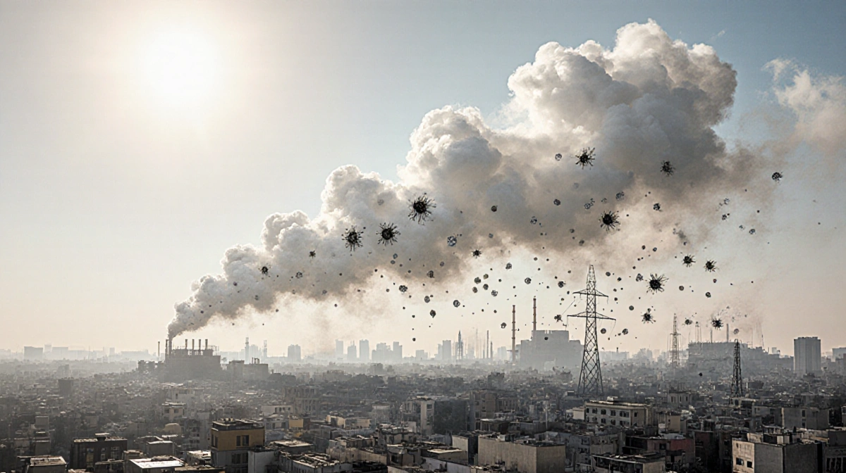 Smog forms over city skyline with traffic emissions and tiny particles floating through hazy air