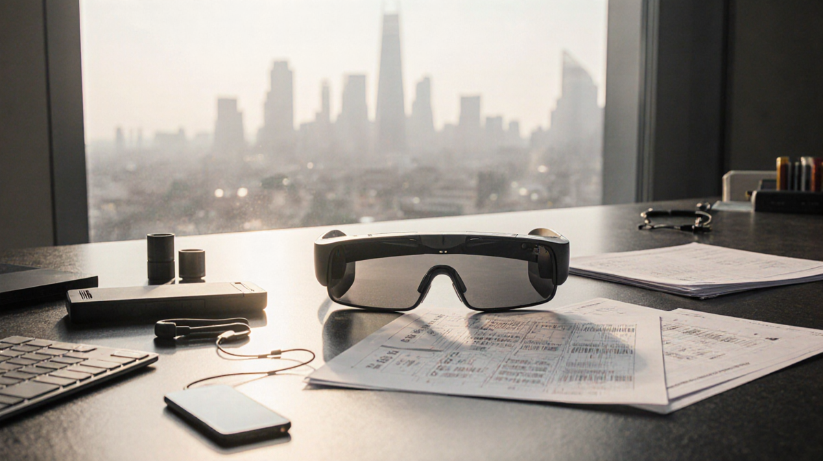 Examining AR glasses prototype with warm light on a minimalist desk and blurred cityscape