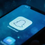 A glowing Snapchat notification badge pulses on the phone screen with blurred blue cyberspace behind