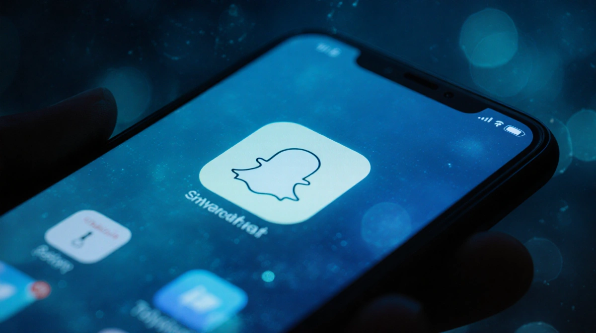 A glowing Snapchat notification badge pulses on the phone screen with blurred blue cyberspace behind