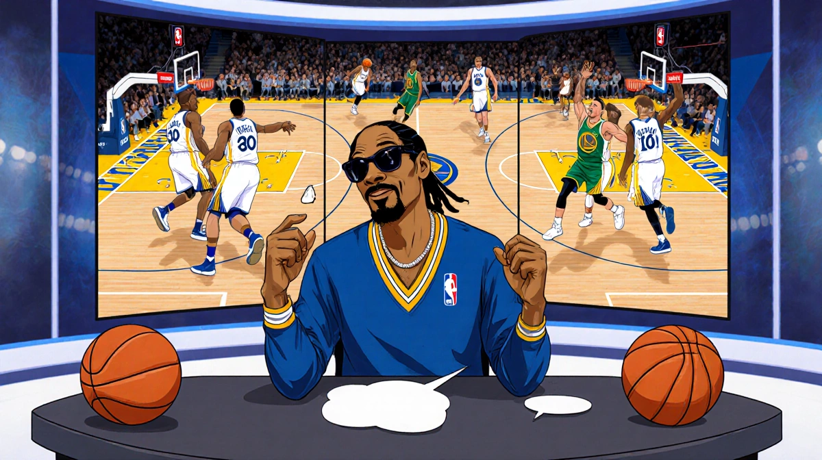 Snoop Dogg commentating at NBA analyst desk with basketballs and jerseys while pointing at split-screen game