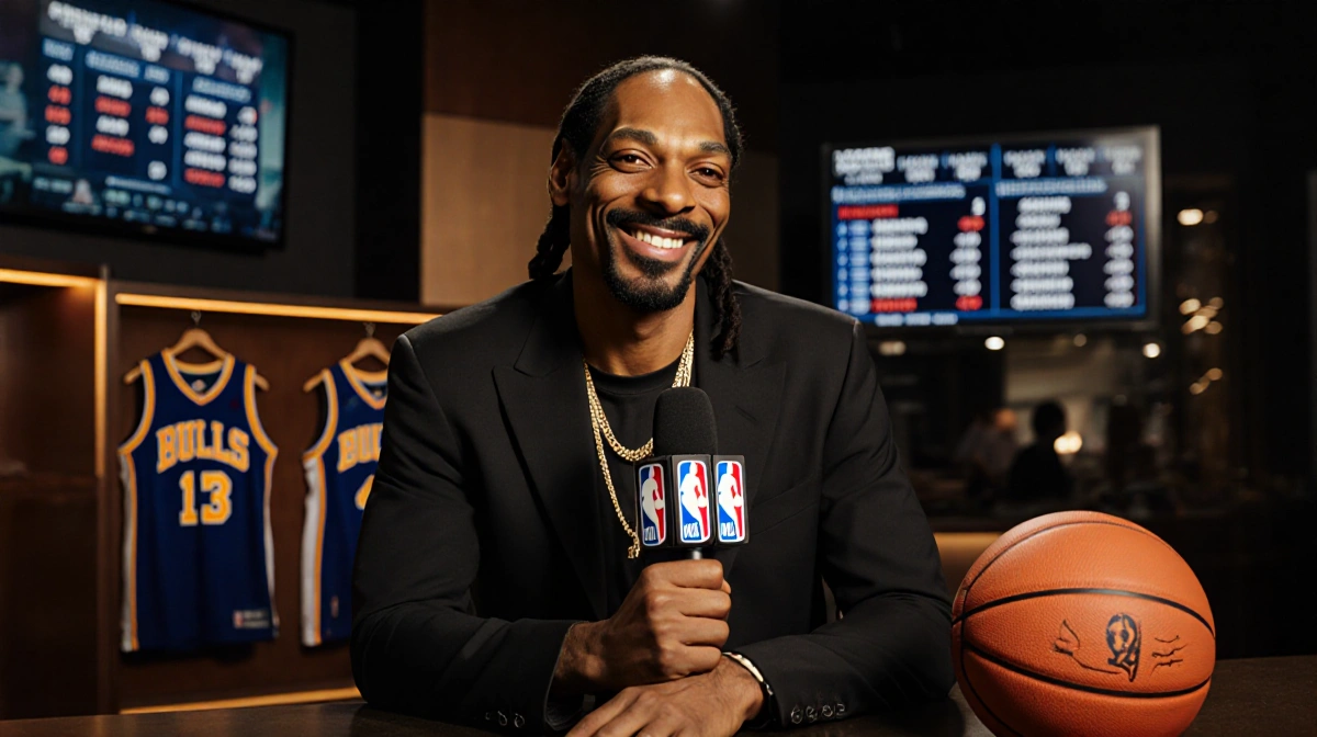 Snoop Dogg sits confidently with microphone and NBA jerseys behind him showing his new analyst role