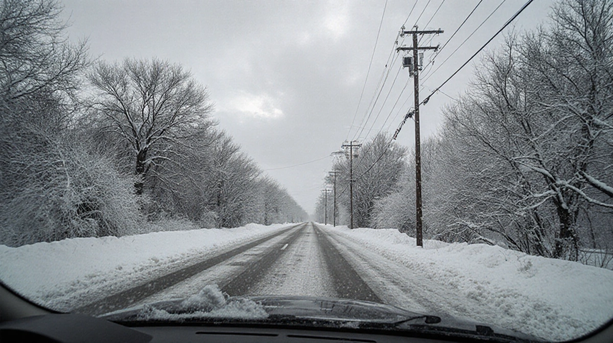 Car parked with foggy windows on snow-covered street with icy patches and bare trees