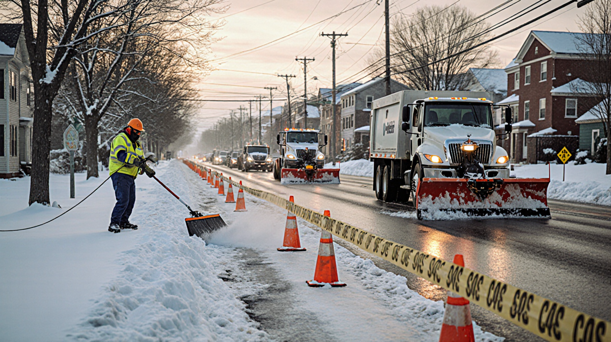 PennDOT worker applying de-icing salts on snow-covered street with plows and caution tape