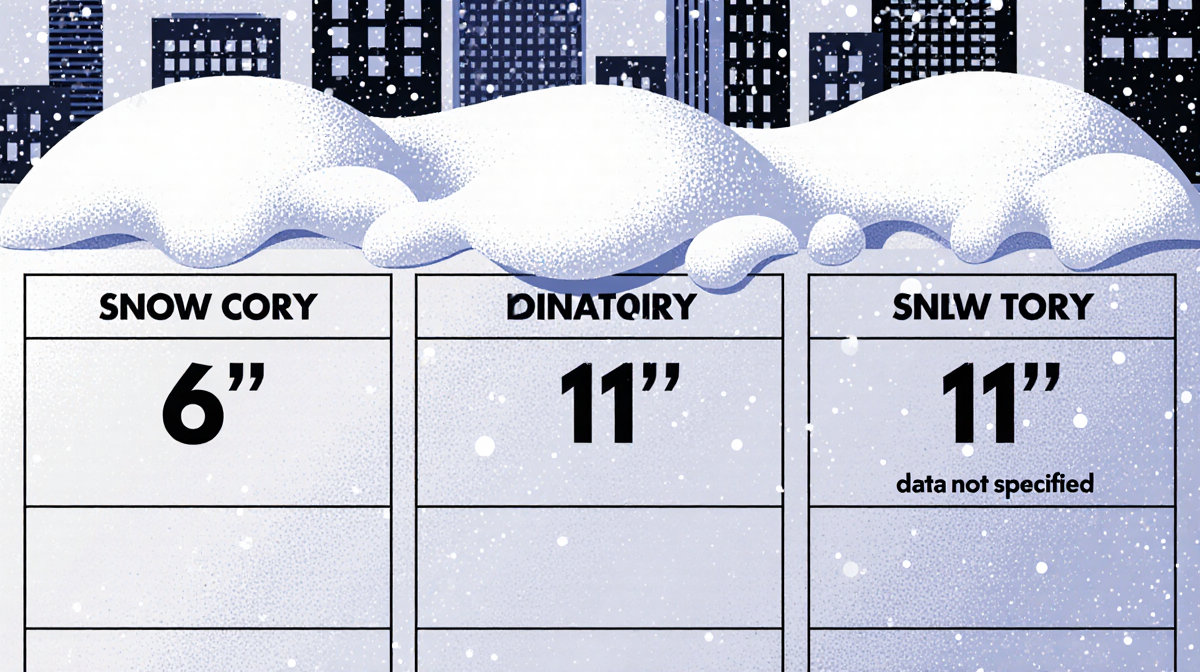 Snow-covered table showing bold 6-inch and 11-inch snowfall data rows over a subtle cityscape.
