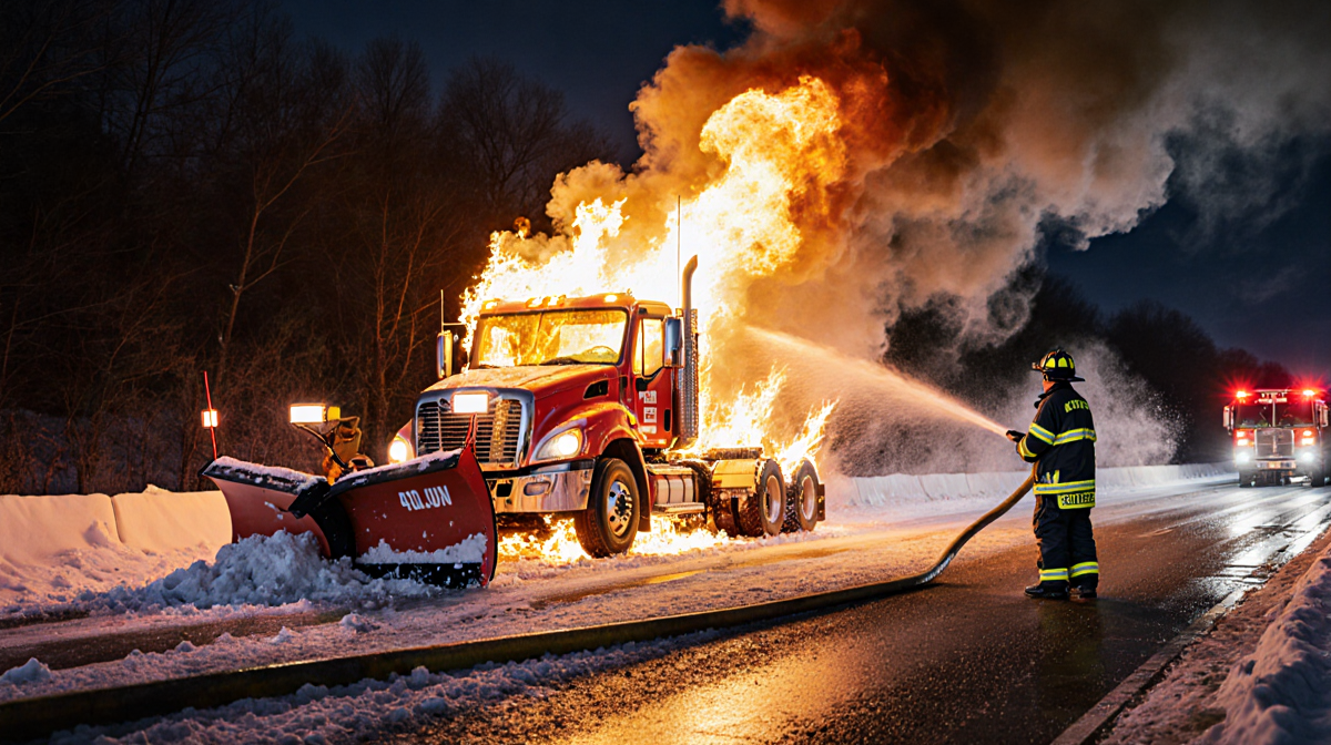 Firefighters spraying water on a burning snow plow with empty I-476 road behind them.