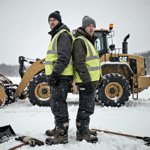 Two snow removal workers stand back-to-back in front of a snowplow with shovels and gloves and a winter landscape behind.