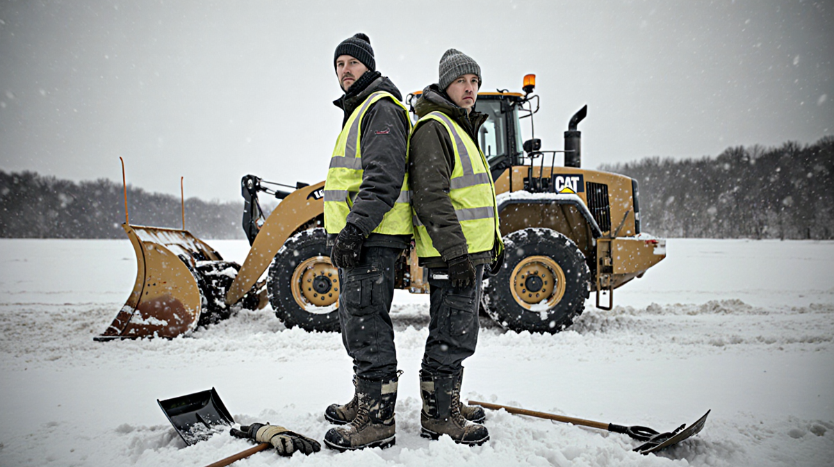 Two snow removal workers stand back-to-back in front of a snowplow with shovels and gloves and a winter landscape behind.