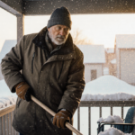 Middle-aged man shoveling snow from porch with warm golden light through frosted windows