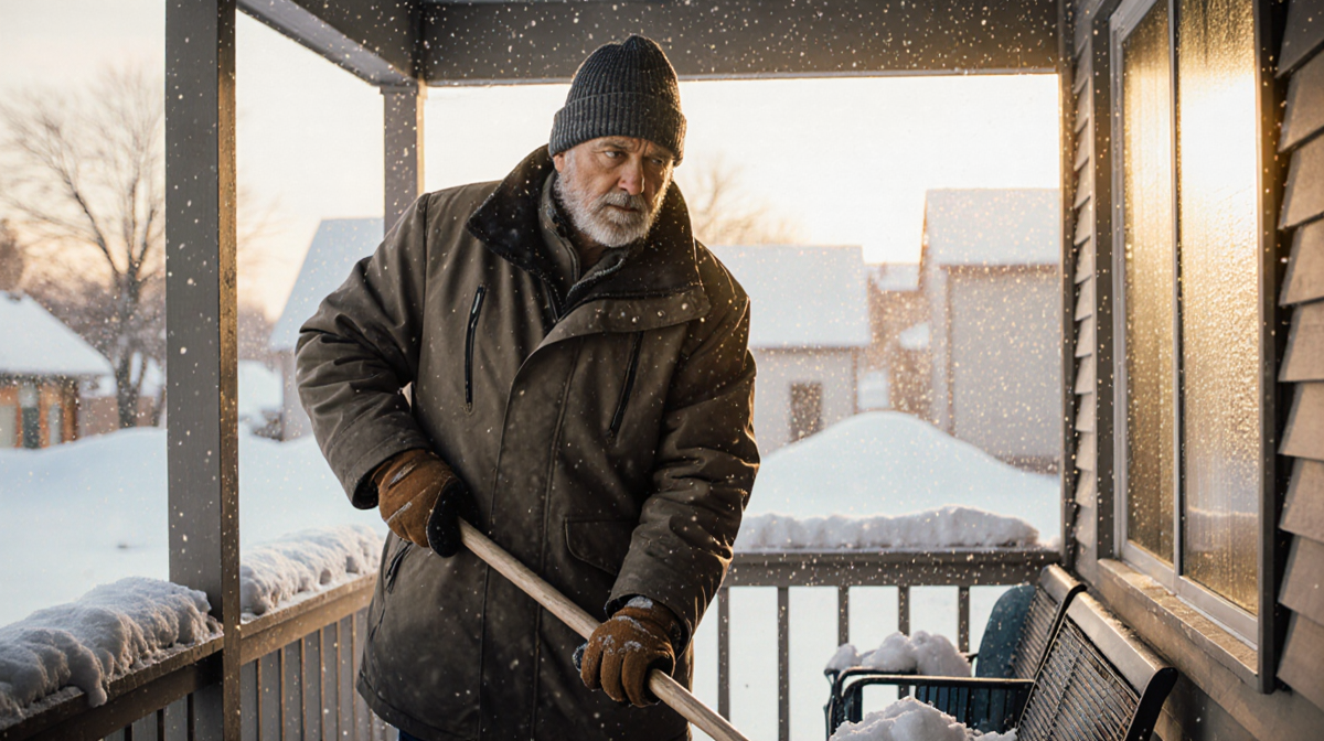 Middle-aged man shoveling snow from porch with warm golden light through frosted windows