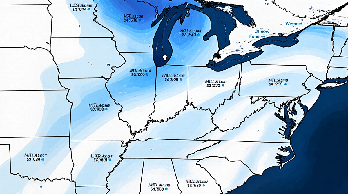 Storm system moves across weather map with snowfall totals and trajectory arrows showing forecast uncertainty