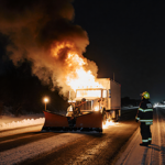 Snowplow truck blazing on I-476 at night with orange flames lighting snowy road and a firefighter in reflective gear nearby.