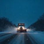 Snowplow truck clearing highway with frost-covered trees and headlights glowing on snow