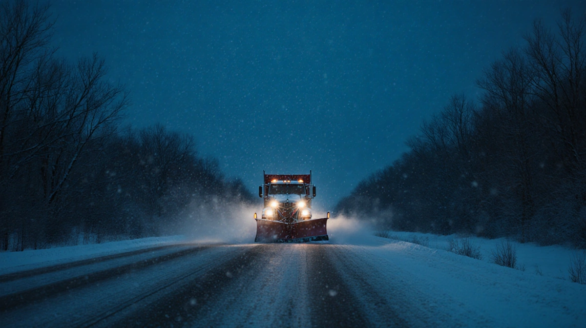 Snowplow truck clearing highway with frost-covered trees and headlights glowing on snow