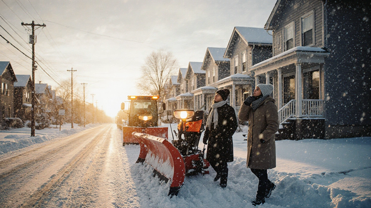 Snowplows line the street with residents stepping outside and watching sunrise cast golden light across falling snow