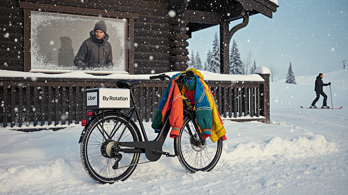 Uber Courier bike parked with colorful outfits on handlebars and a By Rotation package on seat near a snow ski resort lodge