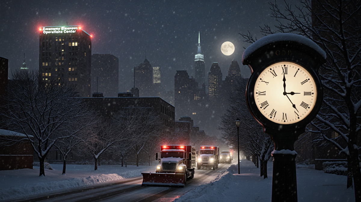 Clock striking 11 p.m. casting warm glow on snowy streets with snow plows in distance and misty Philadelphia skyline.