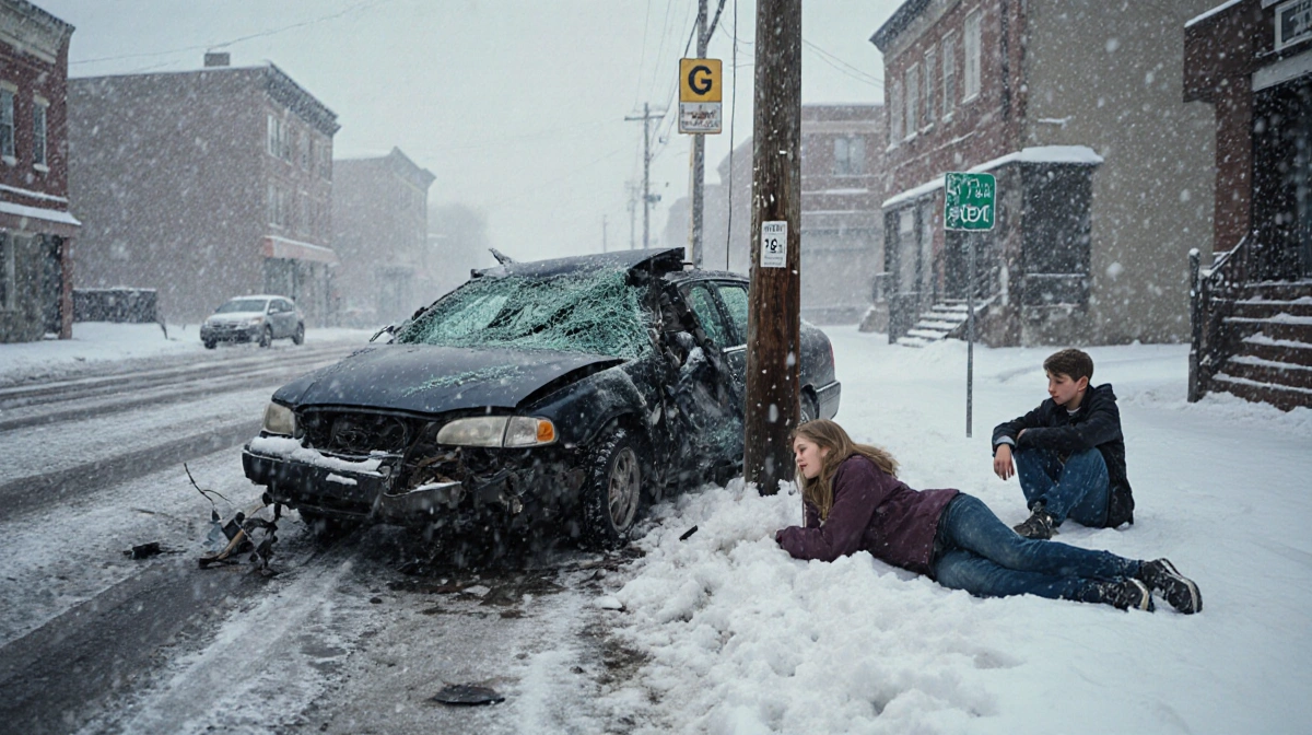 Woman lies critically injured beside a mangled car with shattered glass and a shaken teenager on snowy street