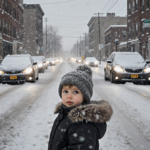 Child looking at viewer with winter Philadelphia street and headlights shining showing resilience