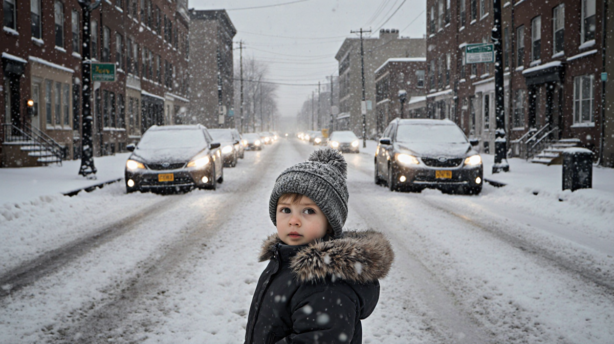 Child looking at viewer with winter Philadelphia street and headlights shining showing resilience