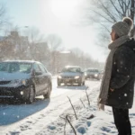Person bundled in winter gear stands at snowy curb with parked cars and footprints showing quiet morning scene