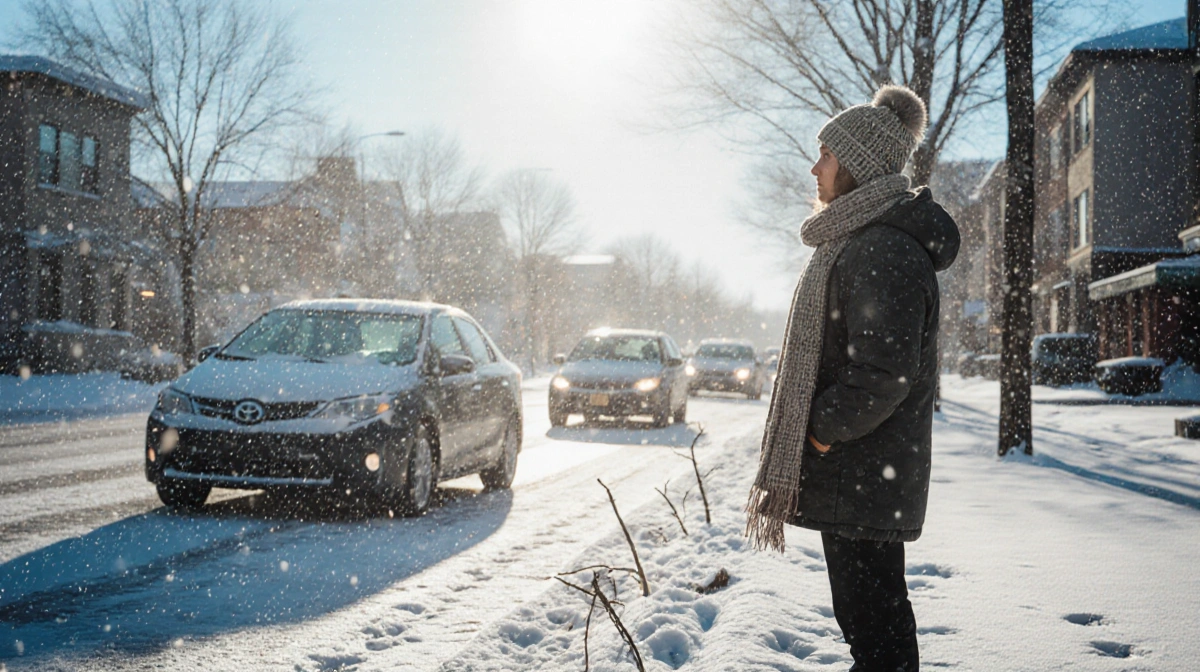 Person bundled in winter gear stands at snowy curb with parked cars and footprints showing quiet morning scene