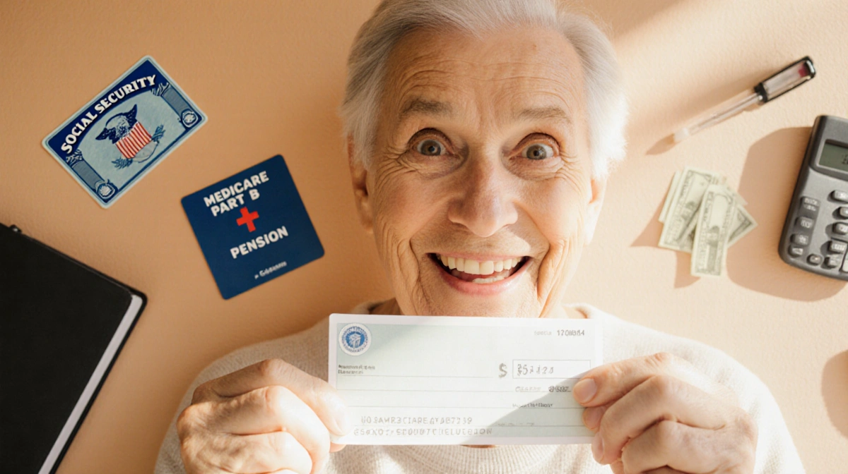 Person holding Social Security check with Medicare card and calculator showing financial security