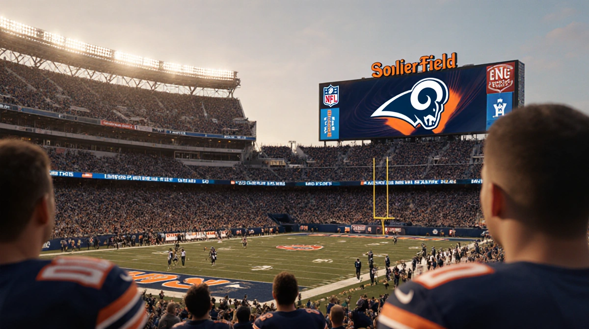 Packed Soldier Field shows Rams logo on Jumbotron with Bears players warming up and excited fans filling the stands