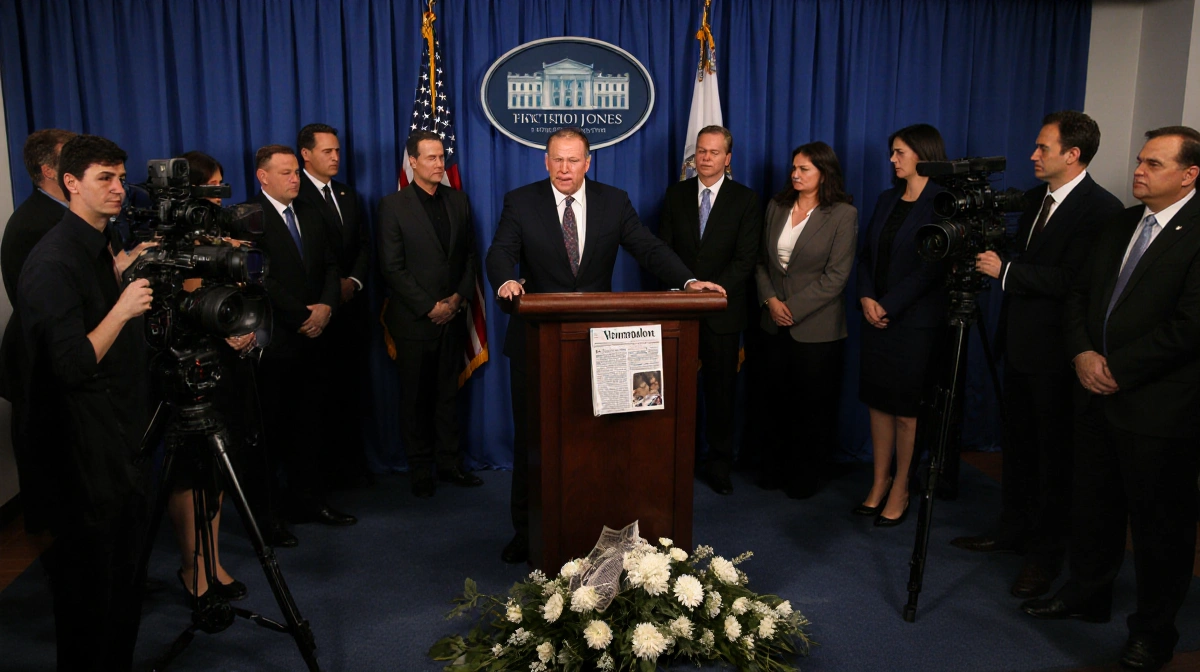 Tommy Lee Jones speaking at a press conference with memorial flowers on the podium and journalists in the background