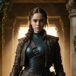 Sophie Turner stands before ancient tomb entrance with golden light illuminating her leather jacket and adventurous gear