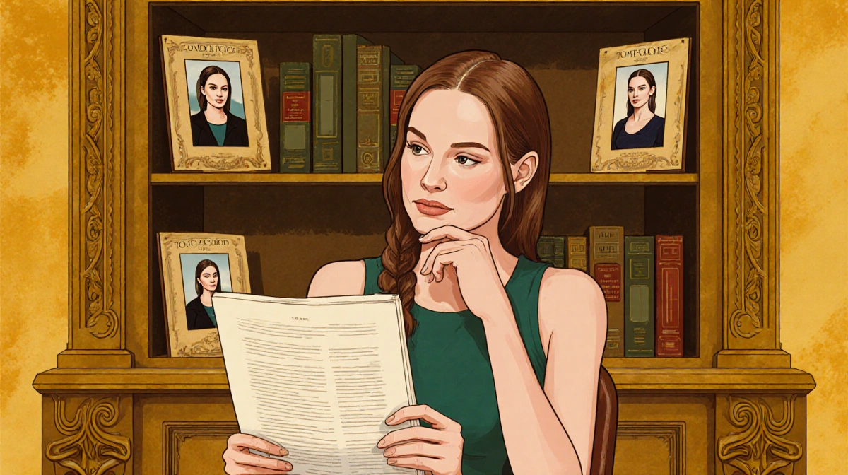 Sophie Turner holding Tomb Raider script with vintage books and photos of Angelina Jolie and Alicia Vikander behind her